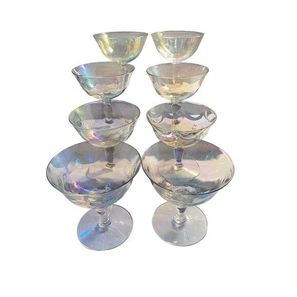 8 Fostoria Crystal Pearl Shell Iridescent Champagne Sherbert Glasses Loop Optics - Picture 7 of 16